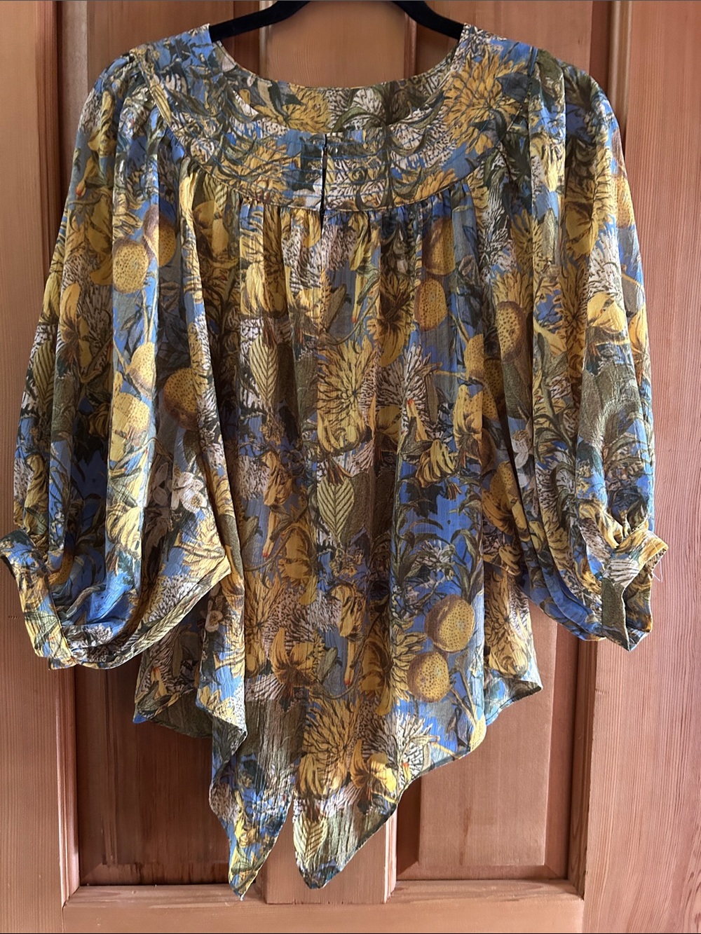 Rose & Olive Yellow and Blue Floral Pintuck Peasant Blouse
